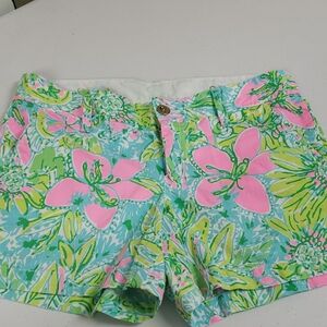 Lilly Pulitzer Pink and Green Jean Shorts Vibrant Tropical Style